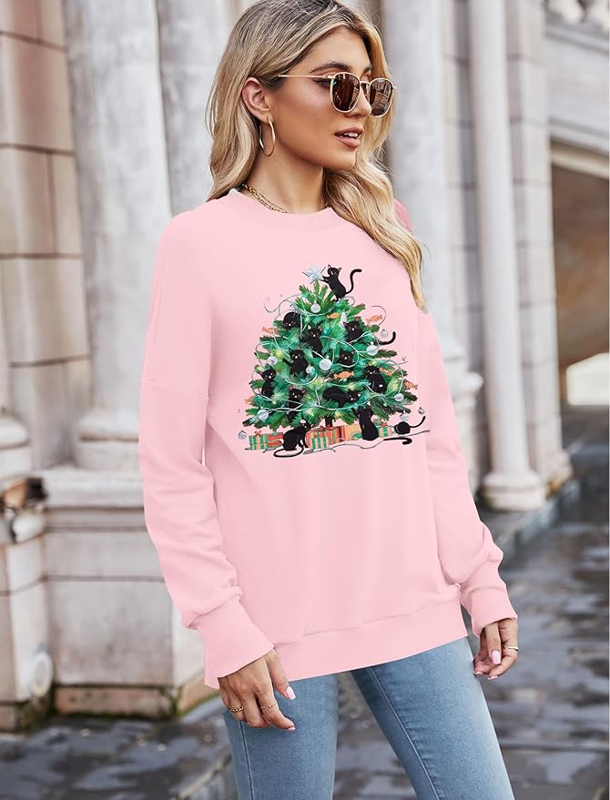 FRYAID Cat Sweatshirt Women Funny Black Cat Graphic Sweater Casual Cat Crewneck Holiday Long Sleeve Hoodie Pullover Top