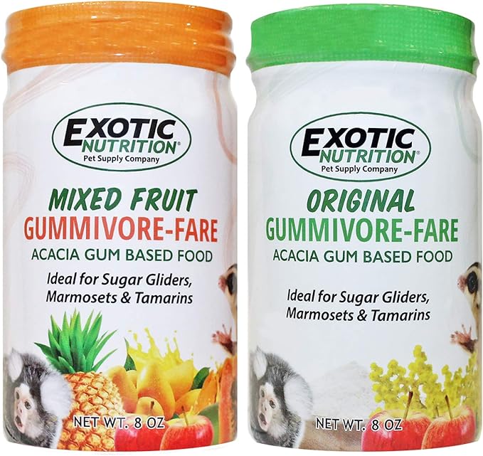 Gummivore-Fare Combo (Original + Fruit) - Healthy All Natural Native Food Treat Sugar Gliders, Marmosets, Tamarins, and other Gum-Feeding Mammals - 8 oz. Jar - Acacia Gum-Based Supplement