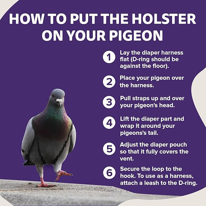 Bird Diaper, Wrap Around, for Larger Pigeons, Small Breed Hens and Roosters, Leak-Proof Design, Comfortable Fleece Strap Bird Harness with Sewn-in Liner & Secure Hook and Loop Closure - XS,Purple
