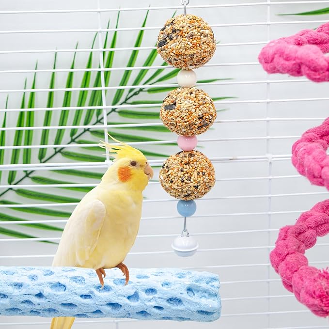 Bird Toys, 2 Pack Chew Toy with 3 Natural Cereal Foraging Balls for Cage, Parakeet Toys, Chew Toy Ball for Budgies, Cockatiels, Lovebirds, Green Cheeks, Small to Medium Birds