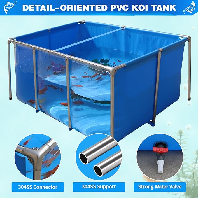 PVC KOI Aquarium Tank, Temporary Fish Tank with Clear Viewing Panel, KOI/Goldfish Pond with 304SS Frame & Drain Valve(59.0" L*31.5" W*27.6" H, About 200Gal Water Capacity)
