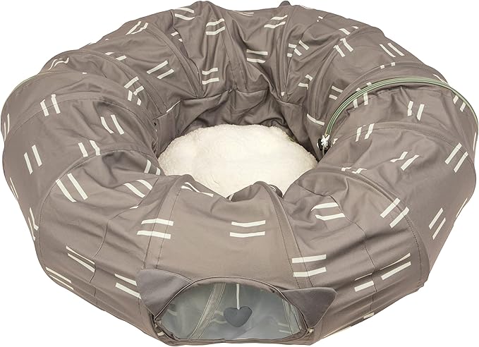 Kitty City Large Cat Tunnel Bed, 2-in-1 Zip-Together Cat Play Tunnel & Plush Nap Bed, Pop-Up Indoor Cat Toy with Hanging Toys, Collapsible Design - Brown