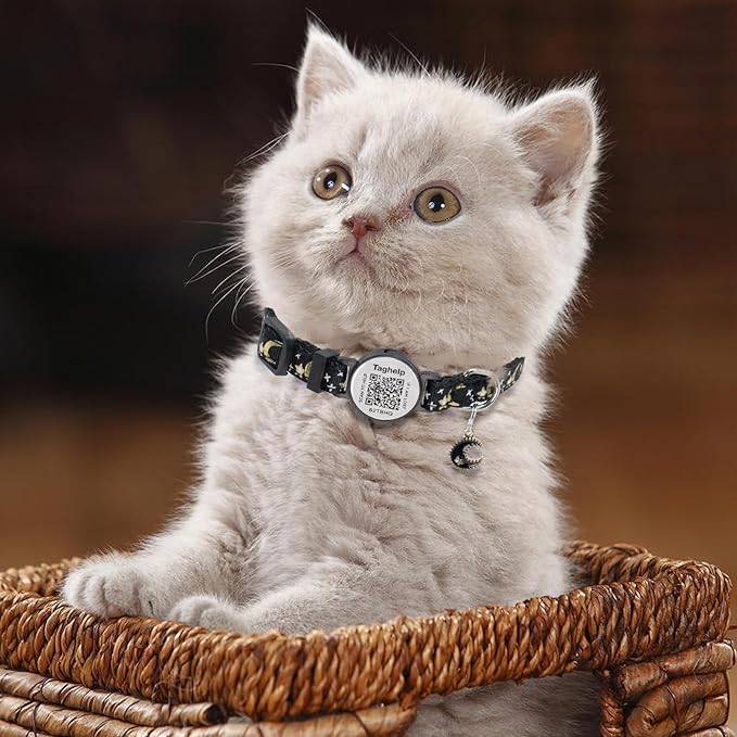 The Ultimate QR Code Pet ID Collar 4-Pack | Breakaway Adjustable Cat Collars with Secure Online Profile | Never Lose Your Cat with Cute Moon & Stars Design (Star & Moons - 4 Pack)