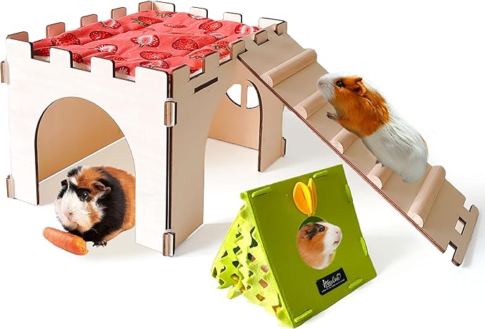 Guinea Pig Hideout,Large Wooden Guinea Pigs House with Stairs and Mats,Detachable Guinea Pig Castle Hide for Small Animals Hamster Chinchilla Ferret Habitats Accessories