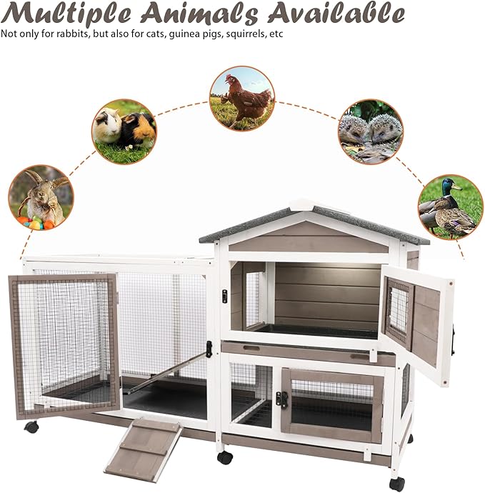 Rabbit Hutch Indoor Outdoor 2 Story Bunny Cage with 3 No Leak Trays,55.31" L Guinea Pig Cages Rabbit Cage with 6 Wheels for Guinea Pig,Rabbit for Rabbit Lover|Pet Lover(White/Grey)