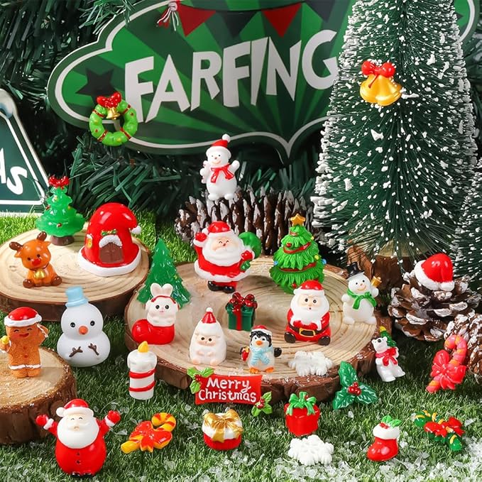 DIYDEC 32Pcs Christmas Miniature Figurines, Mini Resin Figurines to Hide Small Resin Santa Claus Snowman Xmas Trees Animals for Xmas Goodie Bag Fillers Winter New Year Holiday Party Favors Decorations