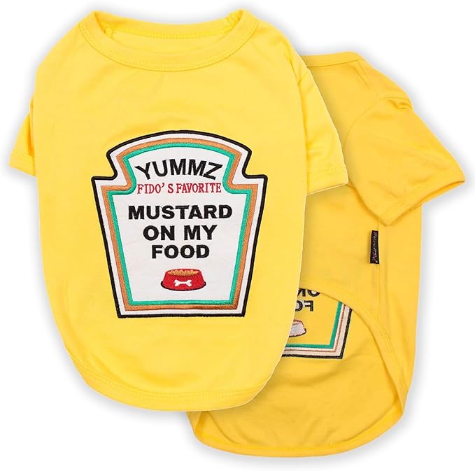 Parisian Pet Dog Shirt - Embroidered “Mustard on My Food“ - 100% Cotton and Polyester Dog Clothes - Sleeved, Lightweight Costume for Dogs - Yellow Dog Shirts for Large Dogs - Pet Costumes - 2XL