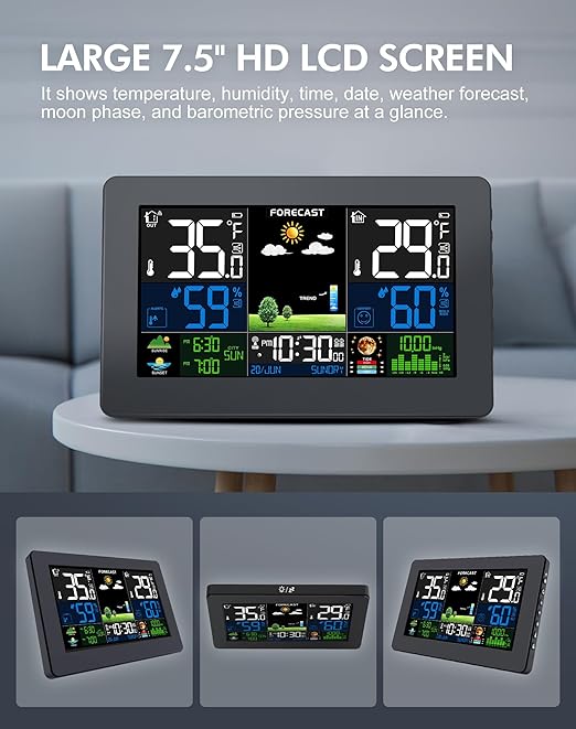 Weather Station Wireless Indoor Outdoor, Digital Thermometer with Remote Sensor, Black