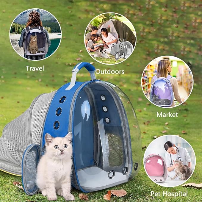 Cat Backpack Carrier Back Expandable Bubble Pet Carrier Backpack for Large Cat, Kitten and Dog, Designed for Hiking, Travelling and Outdoor Use (Back Expandable-Blue)