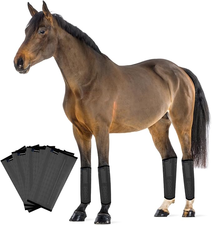 FOXLVDA Horse Fly Boots - Fly Boots for Horses Set of 4, Comfortable Horse Leggings, Mesh Material Design with Metal Support Bars for Reduces Stomping & Leg Fatigue (Dark Gray, Medium)