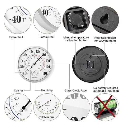 Indoor Outdoor Thermometer Wall Large Numbers Thermometer No Battery 12" Hanging Digital Weather Hygrometers for Home Garden Outside Patio Decor (Silver)