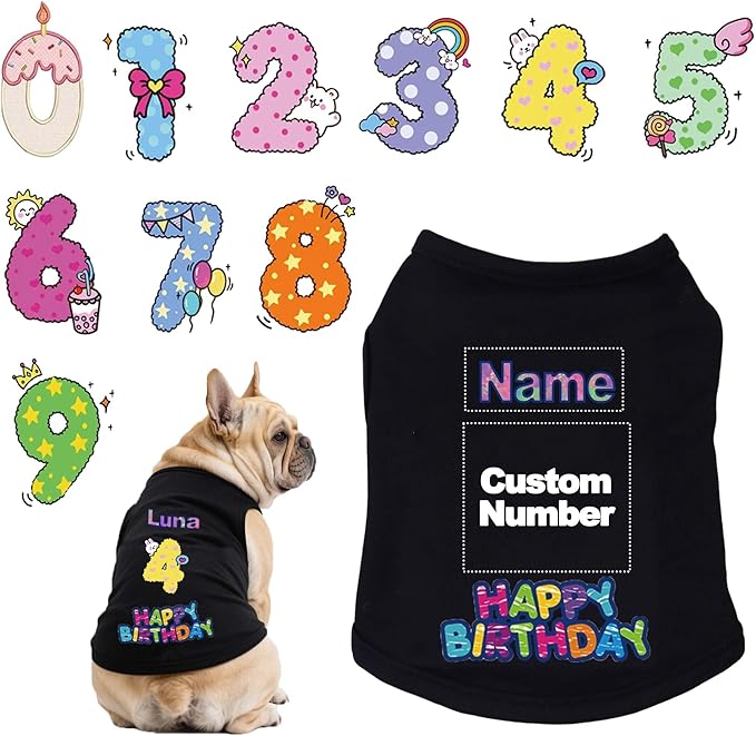 Custom Dog Birthday Shirt,Personalized Pet Apparel Print with Name Age Number,Pet Birthday Outfit,Lightweight Breathable Cotton Vest for Small Medium Large Dogs Cat (Black, 8X-Large)