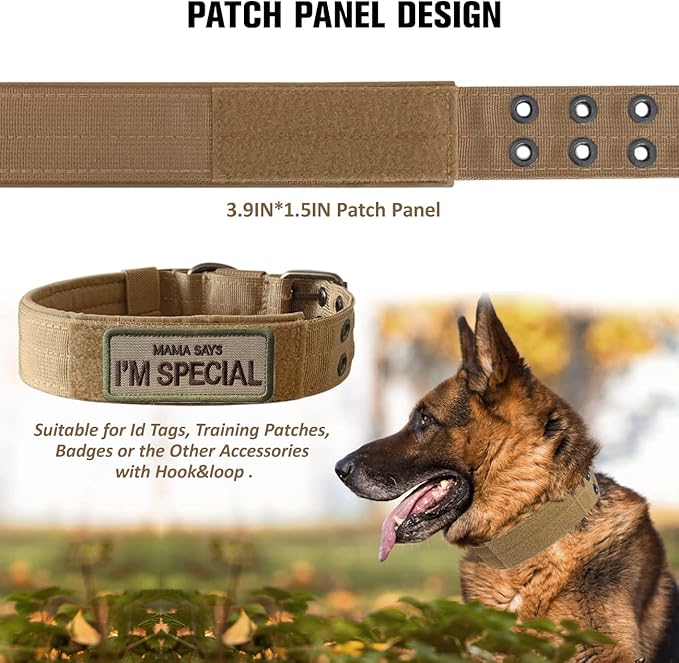 Tactical Dog Collar Military Adjustable Dog Collars Soft Nylon Training Collar with Patch Heavy Duty Metal Buckle Collars for Medium Large Dogs (Brown, XL)