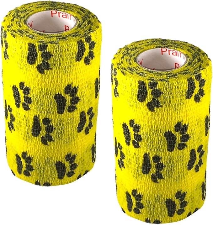 Vet Wrap Wrap Tape (Yellow with Paw Prints) (2 Pack) (3 Inch x 15 feet) Self Adhesive Adherent Adhering Cohesive Flex Self Stick Bandage Grip Roll Dog Cat Pet Horse