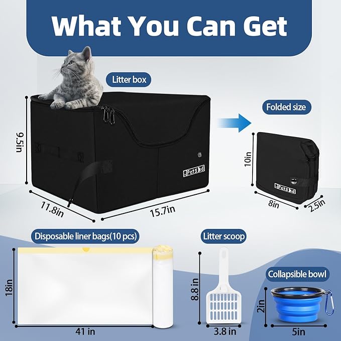 Petskd Portable Travel Litter Box for Cats with Lid and 10 pcs Liner Bags, Light Weight, Leak-Proof and Higher Sides for Road Trips, Hotel Stays, Car Travel(Black)