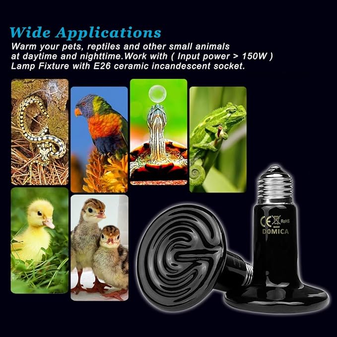 DOMICA 150W 2 Pack Reptile Heat Bulb, Beared Dragon Ceramic Heat Emitter, E26 No Light Night Use Heater Bulbs for Turtle, Lizard, Snake, Amphibians, Pet Brooder Coop Chicken (150W-Large Tank)
