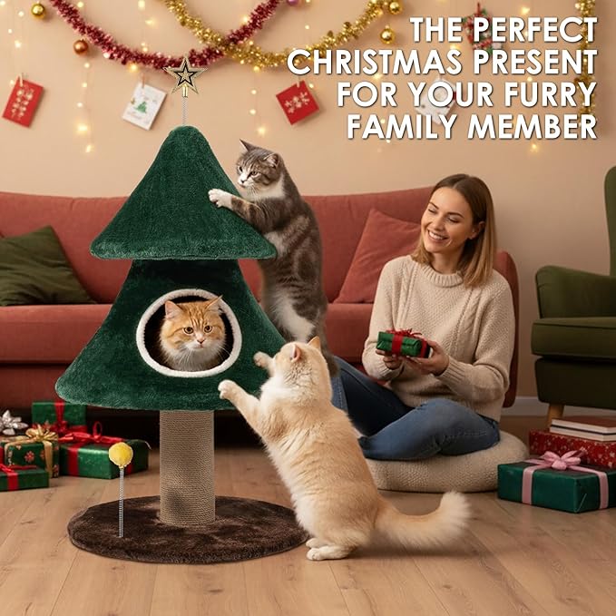 41" Tall Christmas Cat Tree, Stable Christmas Cat Tower with Scratching Posts and Gift Box, for Indoor Cats (41" Tall)