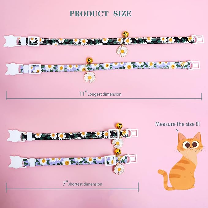 2 Pack Cotton Breakaway Cat Collars with Bell Daisy Pendant Kitty Kitten Collars Black Blue Collar for Female Girl Cats Male Boy Cats