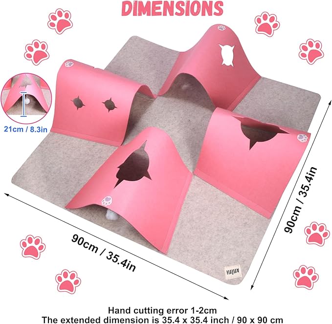Interactive Cat Tunnel Mat for Indoor Cats, 4-Way Felt Cat Cave with Hanging Ball, Foldable Kitty Play Mat and Hideout, Pet Enrichment Toy for Kittens Rabbits Small Pets, Pink
