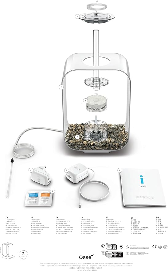 biOrb Life 15 Acrylic 4-Gallon Aquarium with White LED Lights Modern Compact Tank for Tabletop or Desktop Display, Transparent