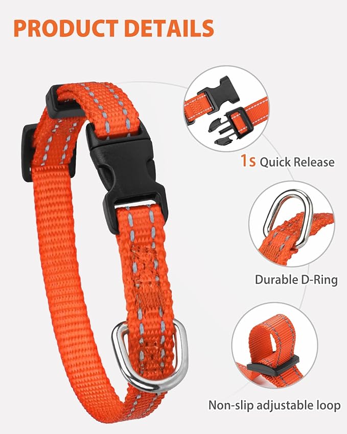 Joytale Small Dog Collar, Reflective and Adjustable Nylon Collar with Quick-Release Buckle, Lightweight No-Choke Design for Puppy and Extra Small Dogs, Orange, XS