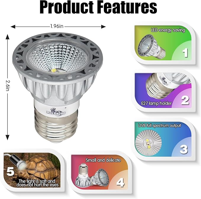 UVB Reptile Light High Intensity LED Bulb 3W 5.0 Turtle Calcium Lamp Full Spectrum Sun Heat Lamp for Rainforest Reptile,Turtle,Bearded Dragons and Plants