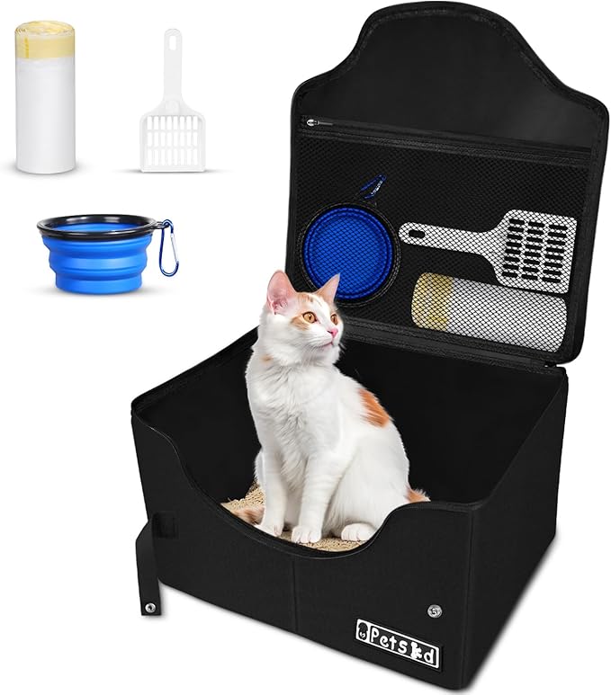 Petskd Portable Travel Litter Box for Cats with Lid and 10 pcs Liner Bags, Light Weight, Leak-Proof and Higher Sides for Road Trips, Hotel Stays, Car Travel(Black)