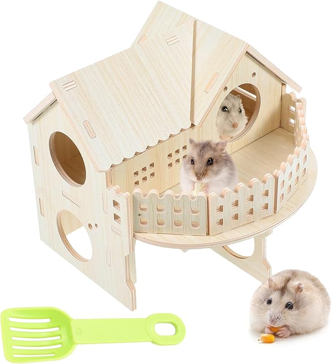 Wooden Dwarf Hamster House, Hamster Tiny House Hideout, Hamster Maze House, Large Balcony Lookout Holes, Easy to Assemble, Detachable Parts, Secure Hideaway, B