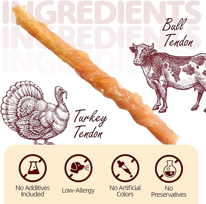 TailParty Turkey Tendons for Dogs, 1 lb, Dog Training Treats, Natural Long-Lasting Chew Snacks, High-Protein Beef Tendons, Healthy Hypoallergenic Turkey Strips, Jumbo Pack(40 Units/Pack)