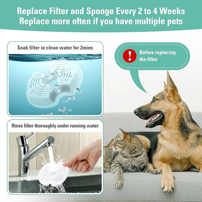 4 Pack Replacement Filters & 4 Pack Pump Filters for 67oz/2L Colorful Cat Fountain with LED Light, BFLICROY Cat Water Fountain Filter, Quadruple Filtration Pet Fountain Filters Replacement