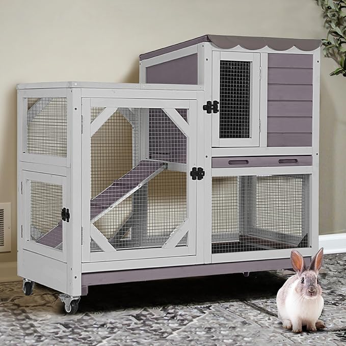 Gutinneen 2-Story Rabbit Hutch Indoor Bunny cage Outdoor Wooden Rabbit Cage House with Chew-Proof Ramp, 2 Leak-Proof Trays, 4 Lockable Wheels for Rabbits, Guinea Pigs, 39.3”L×22”W×36.8”H (Grey)