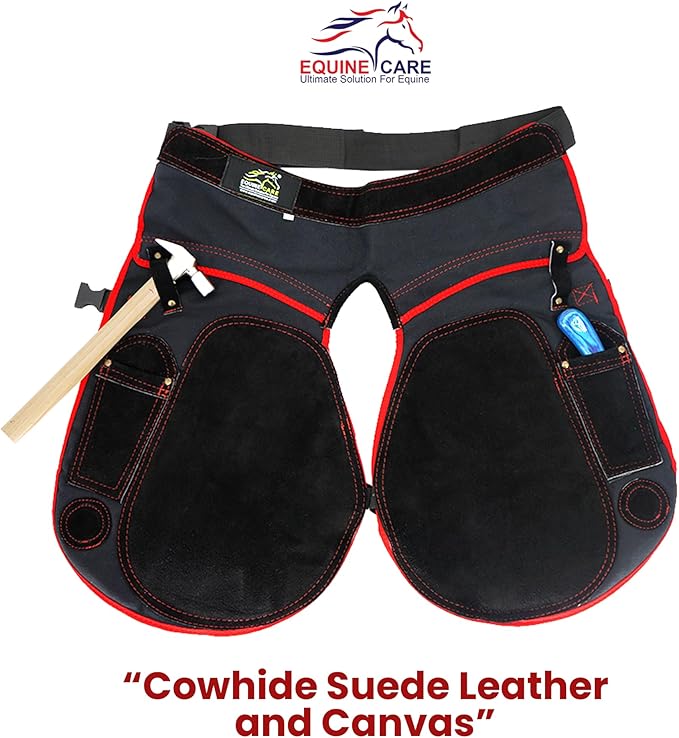 Equine Care Farrier Apron Chaps – 2mm Cowhide Suede Leather, 500 GSM Canvas, 23" Length, Adjustable Waist (28–52"), Ambidextrous Knife Pockets, Magnets & Loops – Horseshoeing & Hoof Trimming.