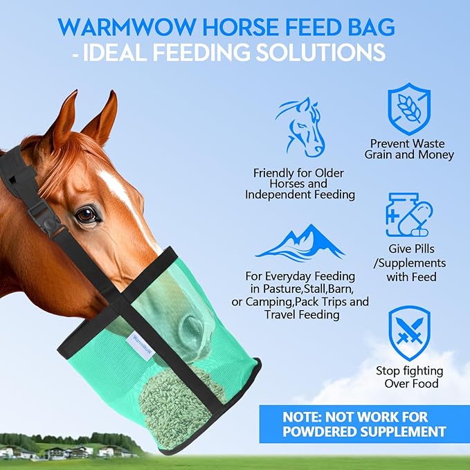 Horse Feed Bag Pack of 2, Feed Bags for Horses with Ventilation Mesh, Comfort Nose Pad Neck Pad, Adjustable Strap, Spill Proof Design for Independent Feeding Grain, Supplements (Mint)