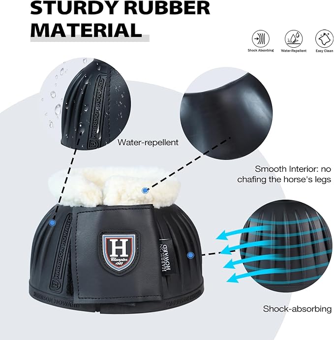 Harrison Howard Rubber Pull-on Bell Boots with Fleece Lining and Extra-Large Leather Touch-Close Tape Hoof Overreach Protection for Horses Sold in Pairs Black L