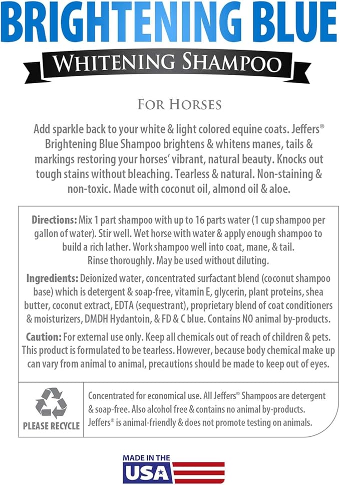 Jeffers Equine Brightening Blue Shampoo for Horses, 1 Gallon – Enhanced Whitening & Stain Remover, Coconut Oil, Aloe, Gentle Grooming, Detergent - Free, Enhances Coat Shine, Mane & Tail Care