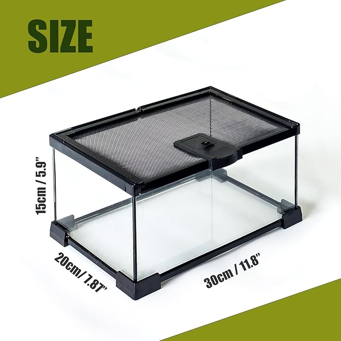Small Reptile Glass Terrarium Tank: 2.5 Gallon Enclosure Cage with Lockable Top Opening Aquarium Habitat for Crested Gecko, Lizard, Snake, Chameleons, Turtle, Tarantula, Tree Frog (12"x8"x6")