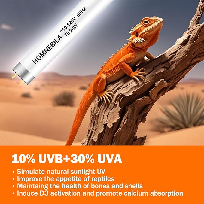 T5 10.0 UVB Reptile Light Bulb 24W, UVA UVB Light Bulb for Reptiles, 2 Pack Reptile UVB Lamp Tube 22 Inch, for Bearded Dragon, Lizards, Chameleons