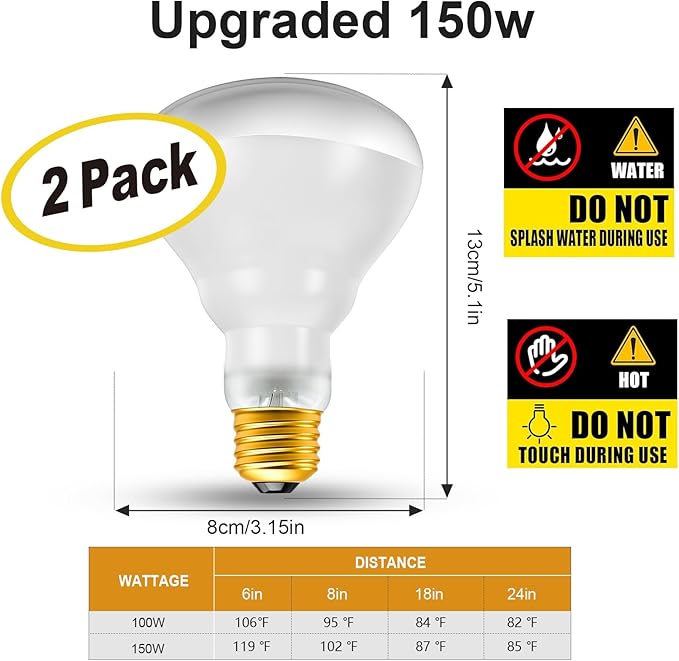 2Pack Reptile Heat Lamp, 150W Reptile Heat Emitter Basking Spot Light, UVA Daylight Heat Lamp Bulbs for Chickens Coop Reptiles Pets Brooder Use