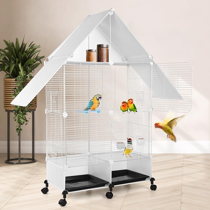 House Shape Bird Cage with Rolling Stand - Large 2 Tier Iron Bird Cage with Lock, Spacious Flight Habitat for Parakeets & Cockatiels, Easy Mobility Safe Home for Small Birds