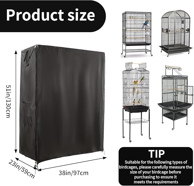 Bird Cage Covers for Night,38”L×23”W×51”H,420D Fabric Washable Waterproof Large Dust Pet Birdcage Breathable Warm Protection Cover,Distraction and Light Eliminator for Winter,Cats,Mink(with Mesh)