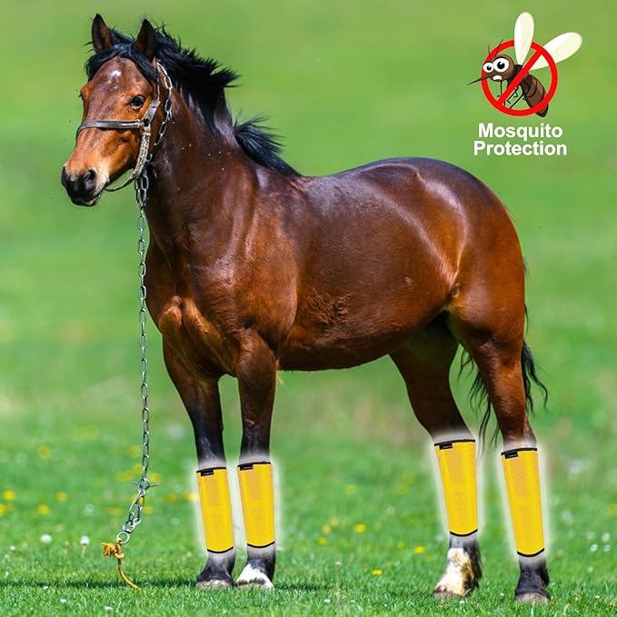 FOXLVDA Horse Fly Boots - Fly Boots for Horses Set of 8, Comfortable Horse Leggings, Mesh Material Design with Metal Support Bars for Reduces Stomping & Leg Fatigue (Green-Yellow, Large)