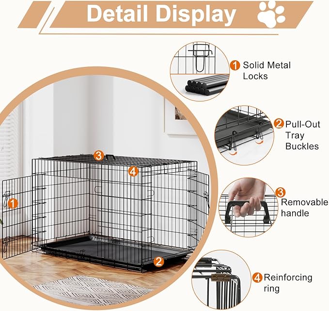 FDW XL Dog Crate 48inch Dog Cage Foldable Metal Kennel with Leakproof Tray Foldable Design Indoor Outdoor Use for Extra Large Dogs,Black