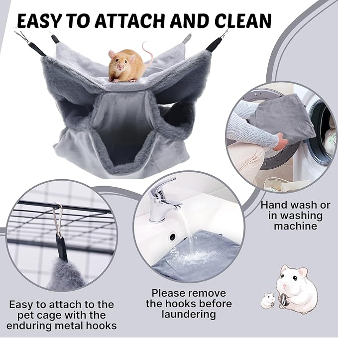 LYART Sugar Glider Pouch Hammock Bed Bedding, Sugar Glider Cage Accessories Toys for Rat, 3-Layer Hammock Make Pet Cages More Three-Dimensional (1.Grey)