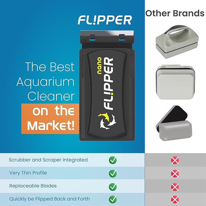 FLIPPER Nano Magnetic Aquarium Cleaner, 2 in 1 Flip Scrubber and Scraper with Strong Rare Earth Magnets for Algae Removal on Glass Tanks up to 1/4 inch (6 mm), for Freshwater and Saltwater Aquariums