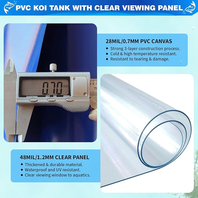 PVC KOI Aquarium Tank, Temporary Fish Tank with Clear Viewing Panel, KOI/Goldfish Pond with 304SS Frame & Drain Valve(47.3" L*31.5" W*23.6" H, About 135Gal Water Capacity)