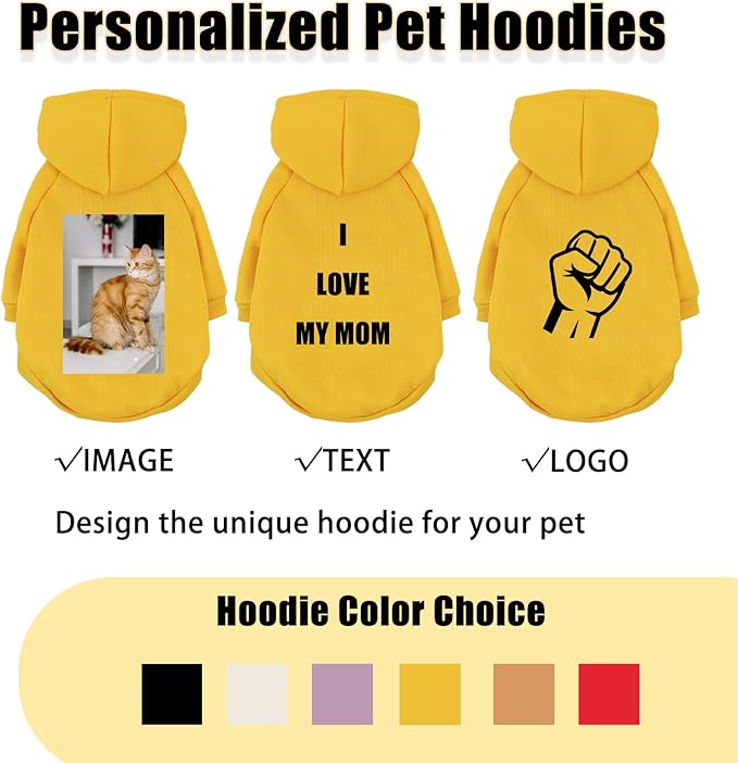 Custom Dog Hoodie, Personalized Sweatshirt with Photo Text Name Logo, Customized Hooded Sweater for Small Medium Large Dogs & Cats (Yellow, Large)