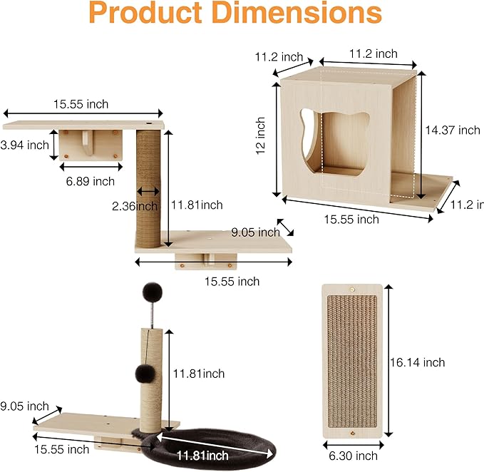 Cat Wall Shelves, Wooden Multi-Level Cat Climbing Furniture, House, Steps, Sisal Scratcher, Perches Bed & Ball, Space-Saving Wall Mounted Cats Shelves for Play & Rest