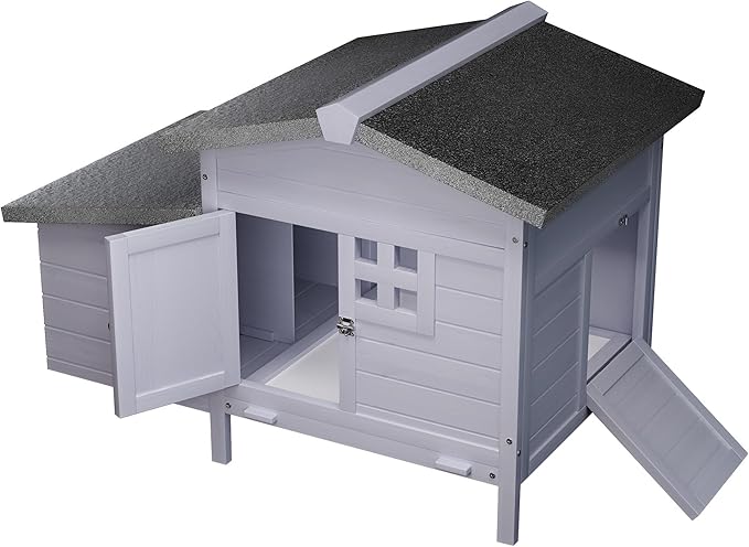 Outdoor Wooden Chicken Coop with Nesting Box – All-Weather Hen House for 3–4 Chickens, Asphalt Roof, Leak-Proof Pull-Out Tray, Predator-Proof Poultry Cage with Multiple Doors Gray