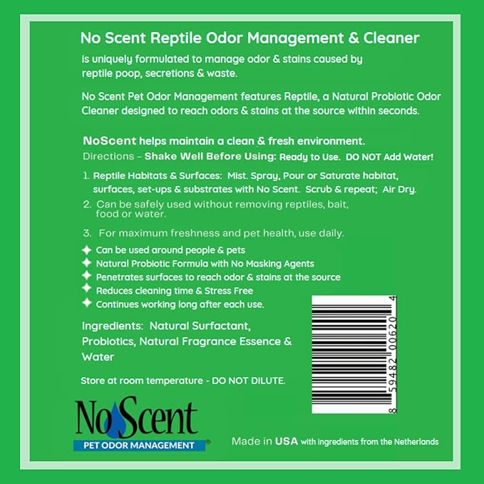 No Scent Reptile Tank Cleaner Spray & Pet Odor Management for Bearded Dragon, Turtle, Lizard Terrarium Freshener (32 Fl Oz / 946 mL)