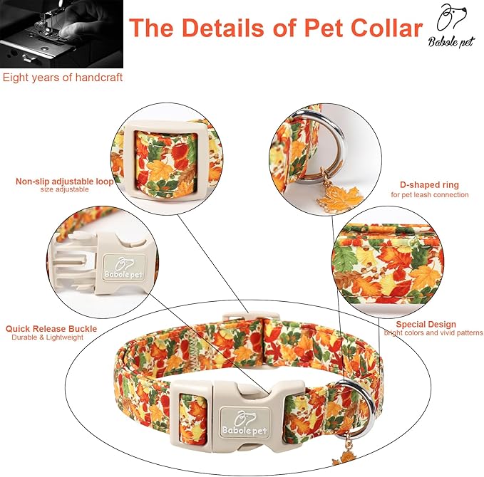 Fall Dog Collar Cute Autumn Leaves Puppy Collar - Light Comfortable Adjustable Pet Collars for Small Medium Large Girl Boy Dogs XL